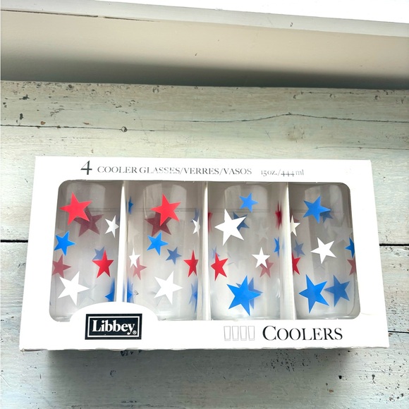 Vintage Libbey Patriotic Red White & Blue Stars15oz Glasses Set of 4